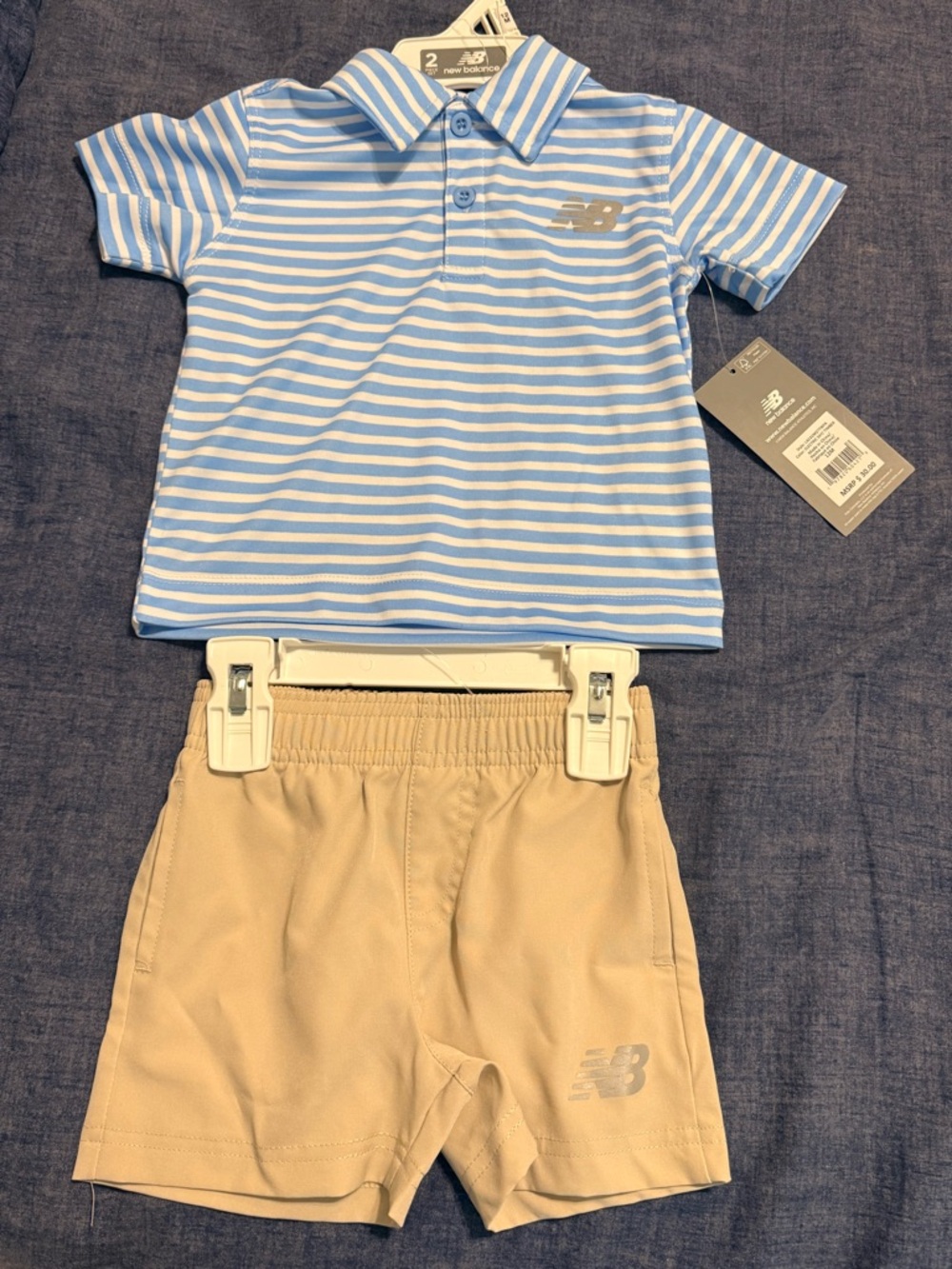New Balance Light Blue & White Striped Polo with Tan Shorts Set